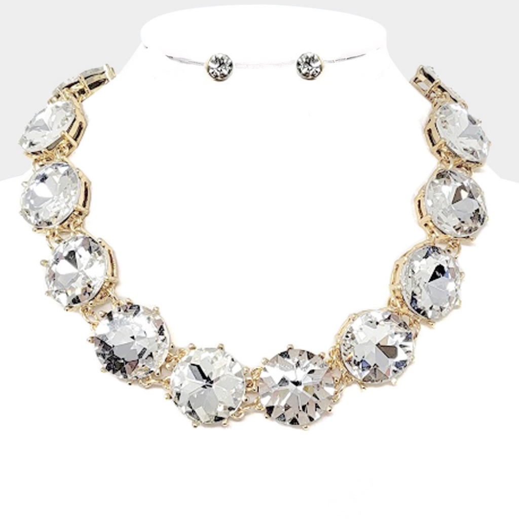 Gold Geometric Round Crystal Necklace Set Statement Evening Jewelry 45$